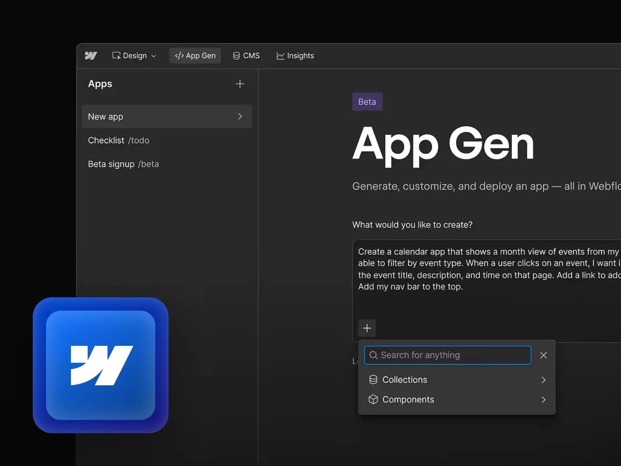 Webflow App Gen: Crie aplicativos completos por IA sem código