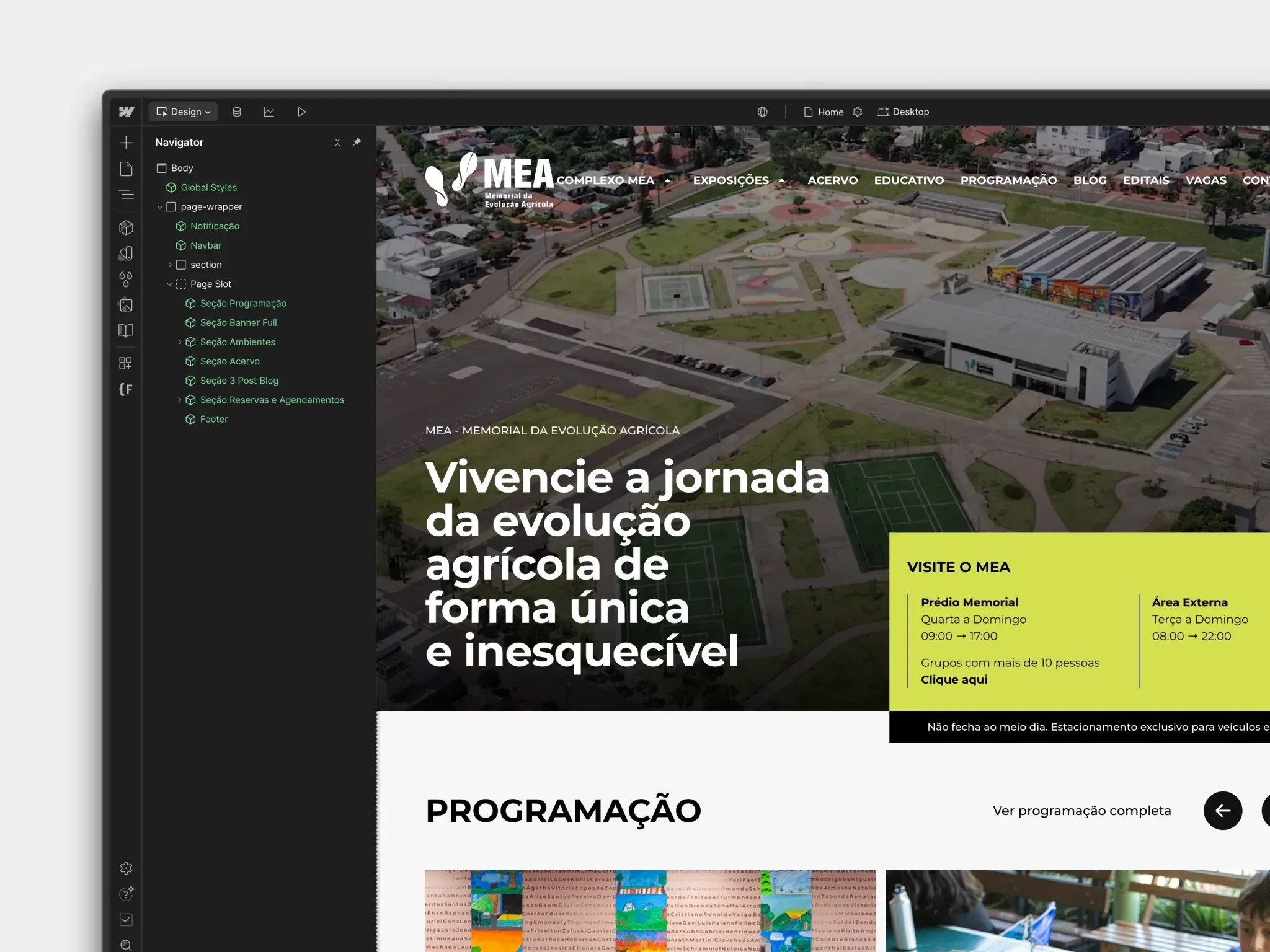 Website do MEA dentro da plataforma Webflow. Criado e Desenvolvido pela RMD Soluções Digitais