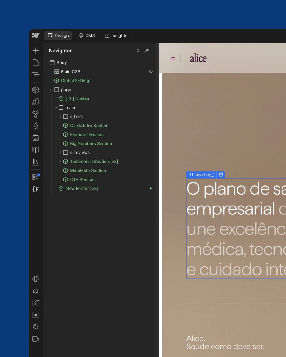 Site em Webflow aberto no editor