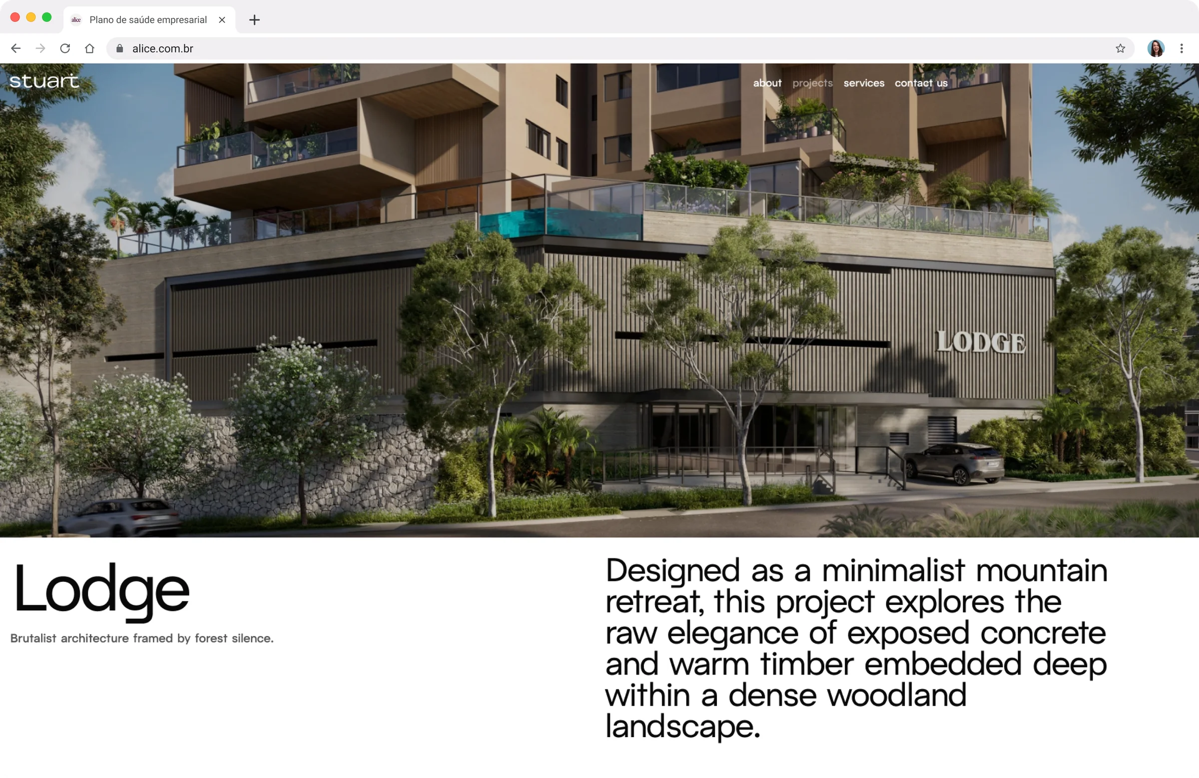 Sitio de Stuart: página del proyecto “Lodge”, con la fotografía de la obra a todo el ancho