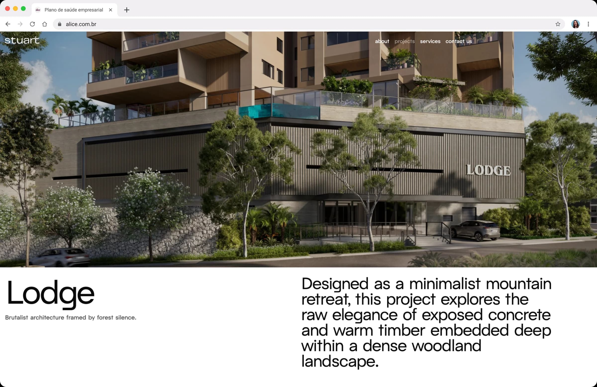 Site da Stuart: página do projeto “Lodge”, com a fotografia da obra em largura total