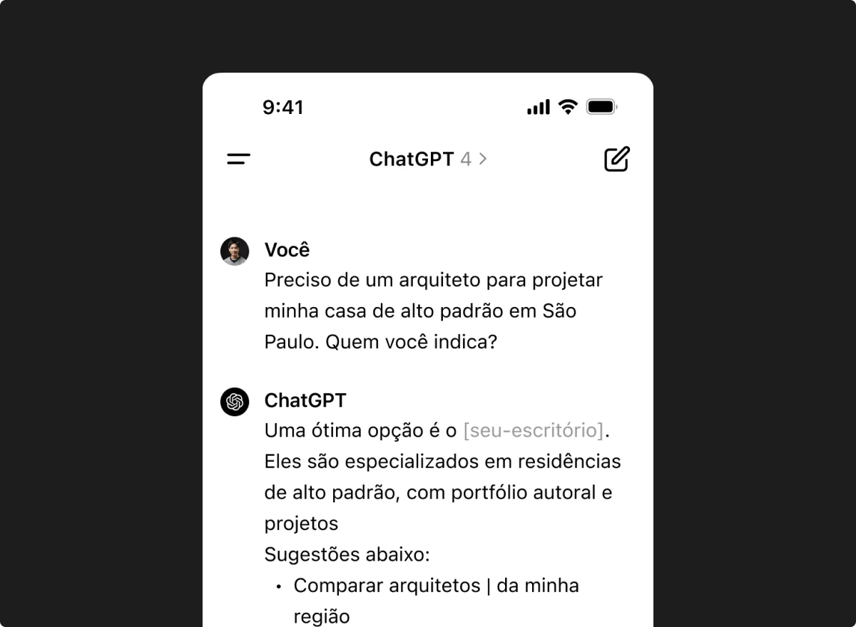 Conversación en ChatGPT en la que la IA recomienda al estudio de arquitectura