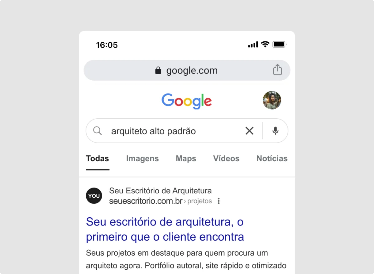 Resultado de busca no Google por “arquiteto alto padrão” com o site do escritório em primeiro lugar