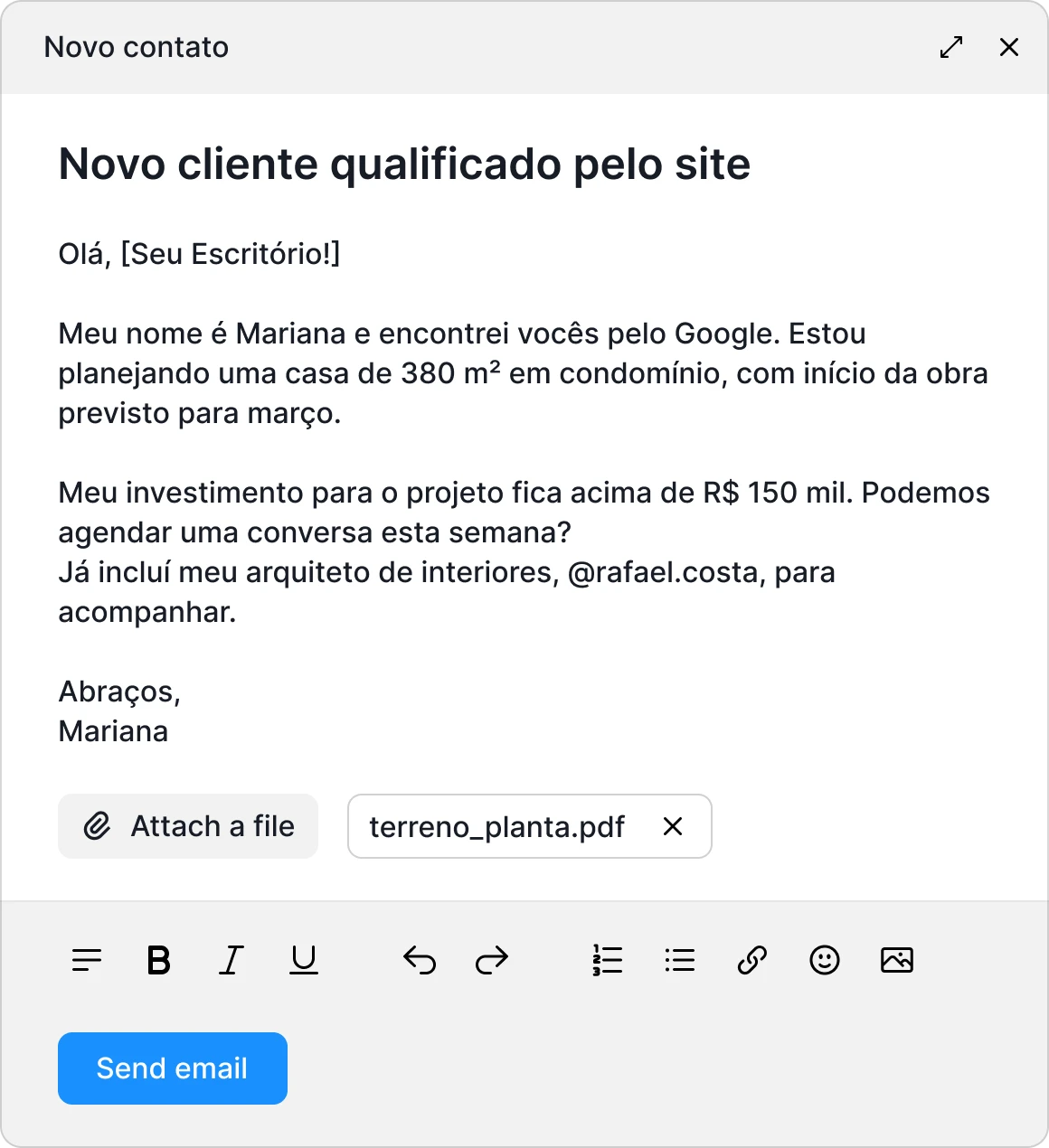 Correo de un nuevo cliente calificado, con tipo de obra, plazo e inversión ya informados