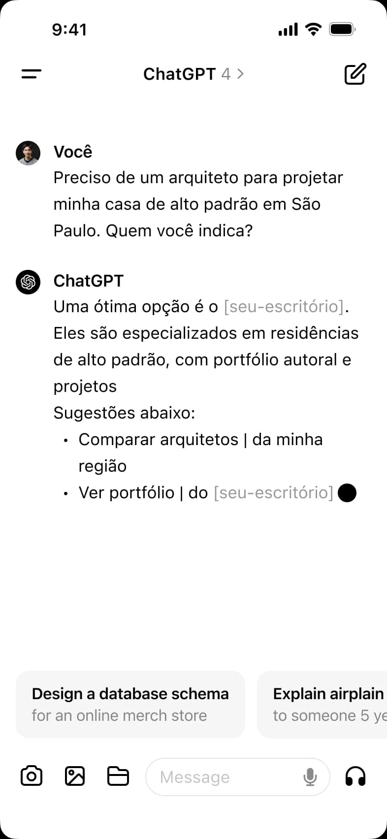 Conversa no ChatGPT em que a IA recomenda o escritório de arquitetura