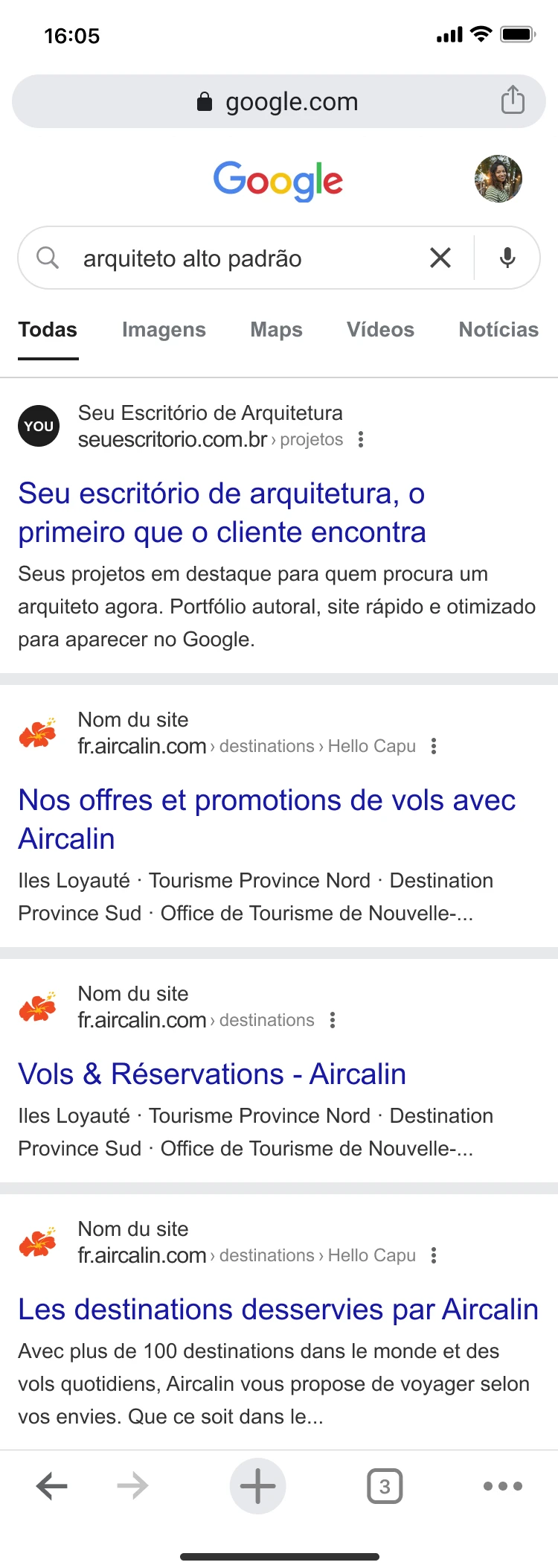 Resultado de búsqueda en Google por “arquitecto de alto nivel” con el sitio del estudio en primer lugar