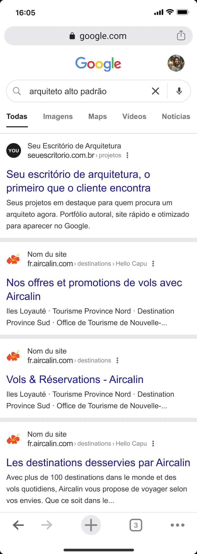 Resultado de busca no Google por “arquiteto alto padrão” com o site do escritório em primeiro lugar