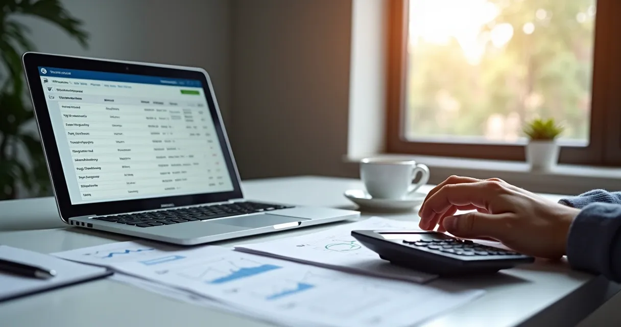 Planejamento de custos de site com papéis e laptop na mesa
